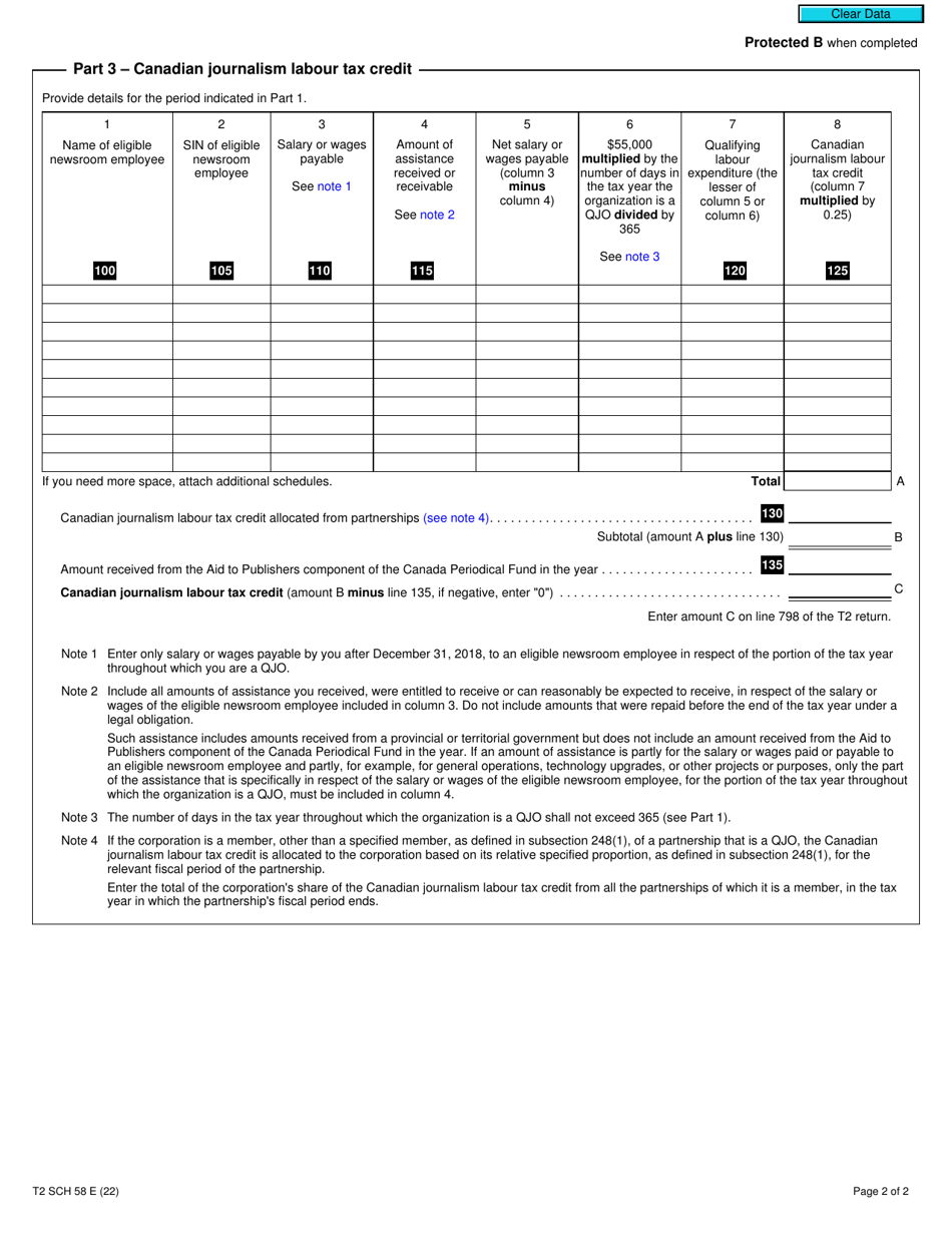 Form T2 Schedule 58 Canadian Journalism Labour Tax Credit (2019 and Later Tax Years) - Canada, Page 2