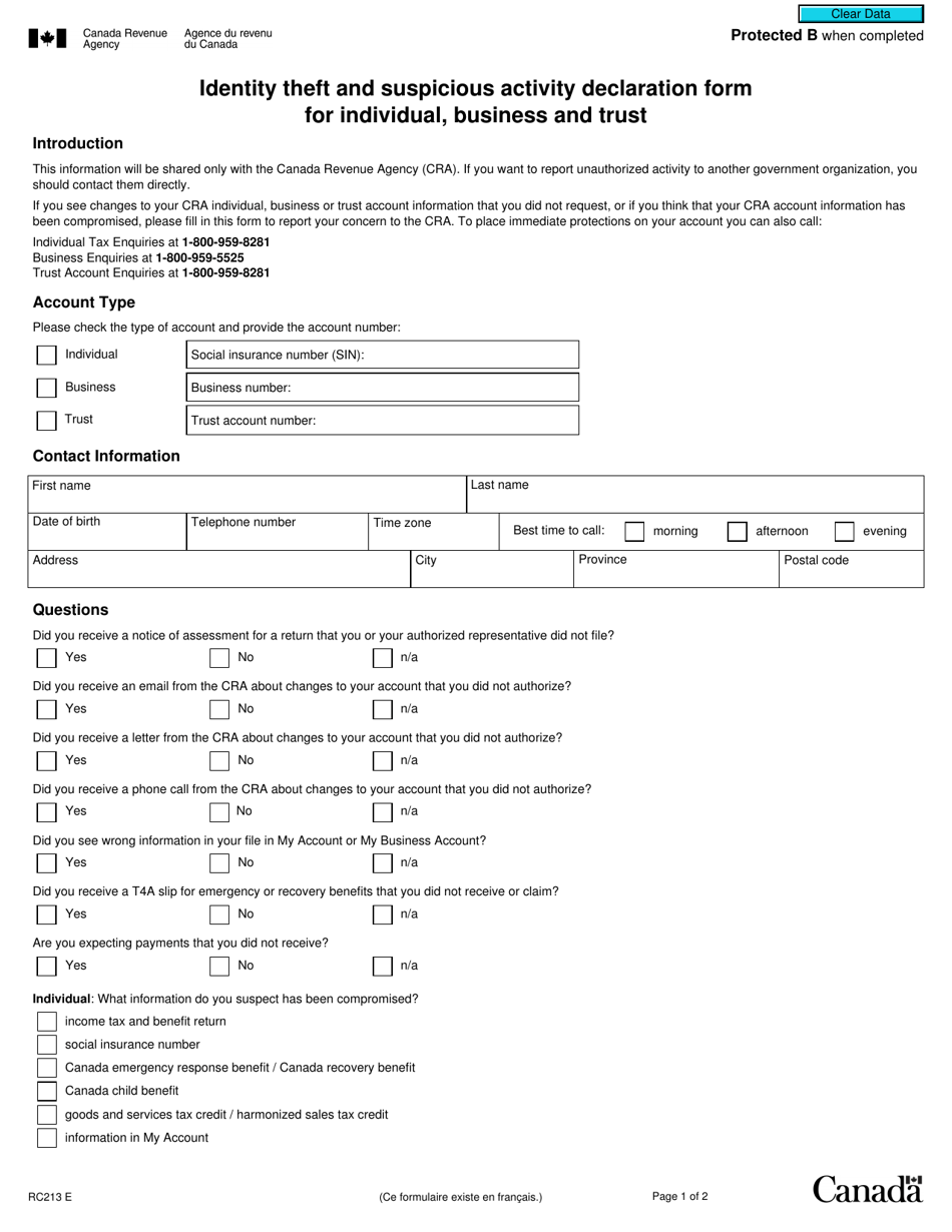 Form RC213 Identity Theft and Suspicious Activity Declaration Form for Individual, Business and Trust - Canada, Page 1
