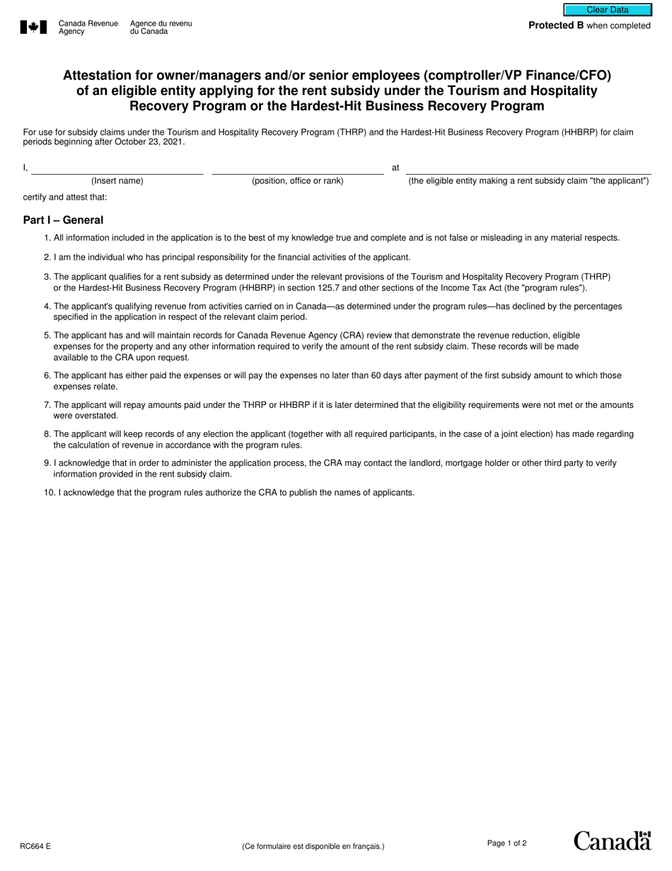 Form RC664 Attestation for Owner / Managers and / or Senior Employees (Comptroller / Vp Finance / Cfo) of an Eligible Entity Applying for the Rent Subsidy Under the Tourism and Hospitality Recovery Program or the Hardest-Hit Business Recovery Program - Canada, Page 1