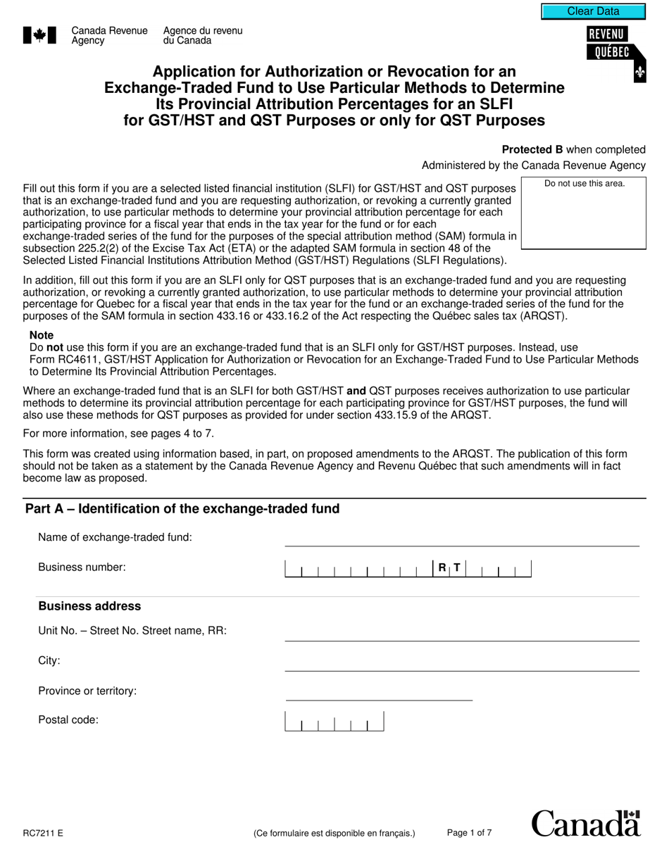 Form RC7211 Application for Authorization or Revocation for an Exchange-Traded Fund to Use Particular Methods to Determine Its Provincial Attribution Percentages for an Slfi for Gst / Hst and Qst Purposes or Only for Qst Purposes - Canada, Page 1