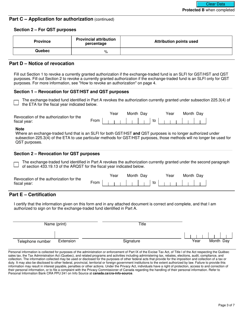 Form RC7211 Application for Authorization or Revocation for an Exchange-Traded Fund to Use Particular Methods to Determine Its Provincial Attribution Percentages for an Slfi for Gst / Hst and Qst Purposes or Only for Qst Purposes - Canada, Page 3