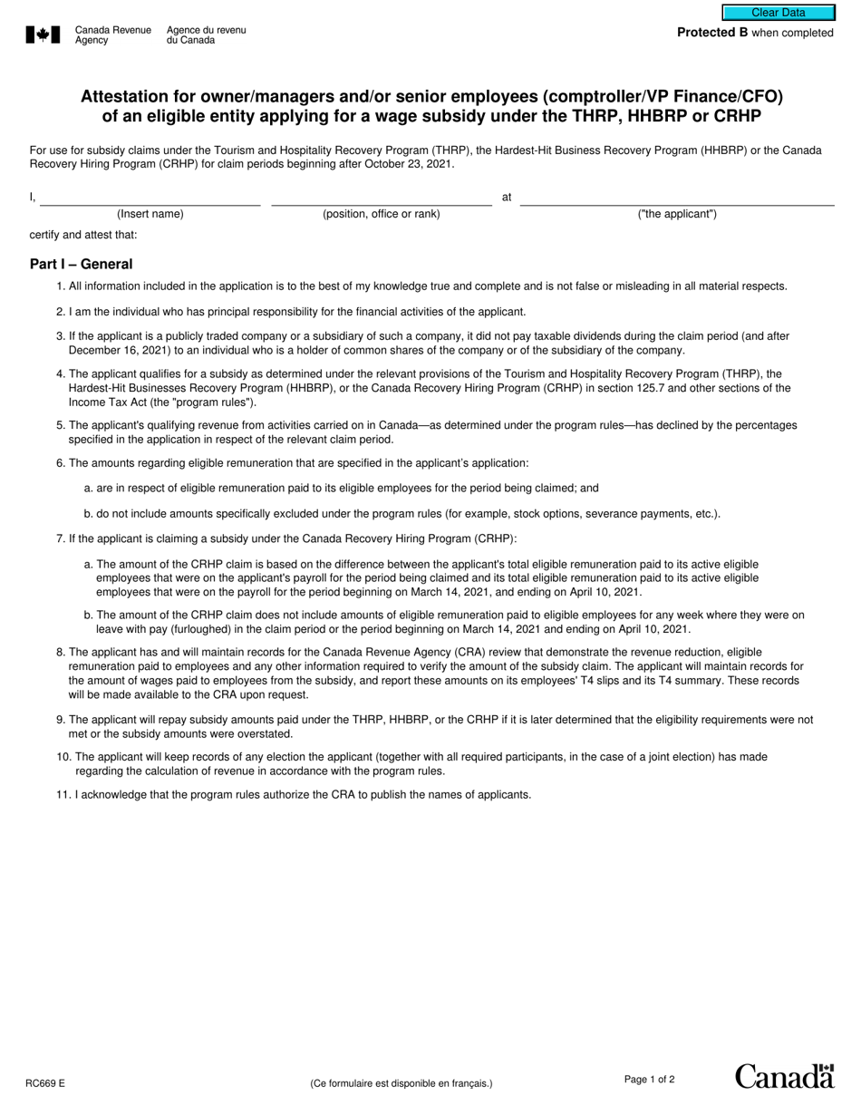 Form RC669 Attestation for Owner / Managers and / or Senior Employees (Comptroller / Vp Finance / Cfo) of an Eligible Entity Applying for a Wage Subsidy Under the Thrp, Hhbrp or Crhp - Canada, Page 1