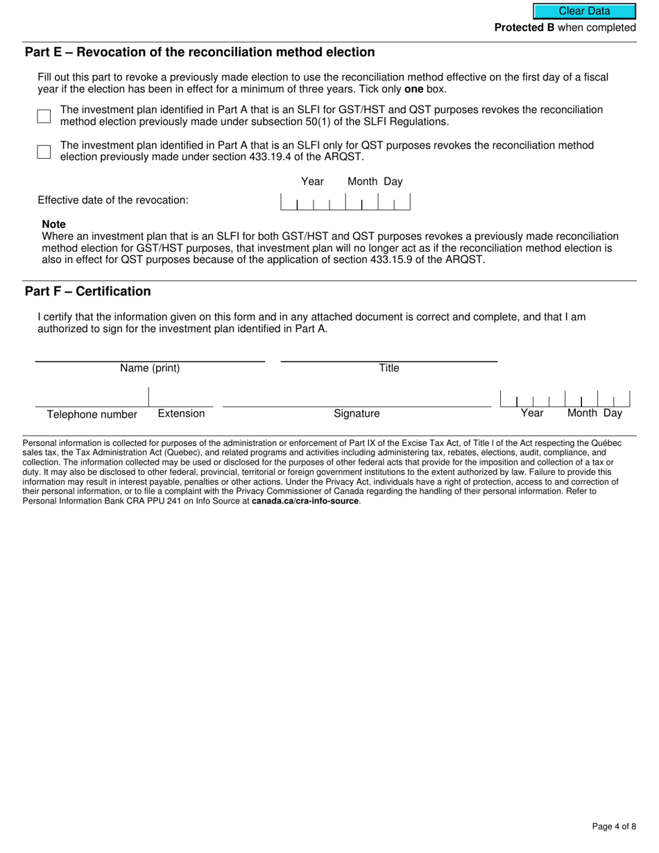 Form RC7209 Elections or Revocation of Elections to Use a Real-Time Calculation Method or the Reconciliation Method for Selected Listed Financial Institutions for Gst / Hst and Qst Purposes or Only for Qst Purposes - Canada, Page 4