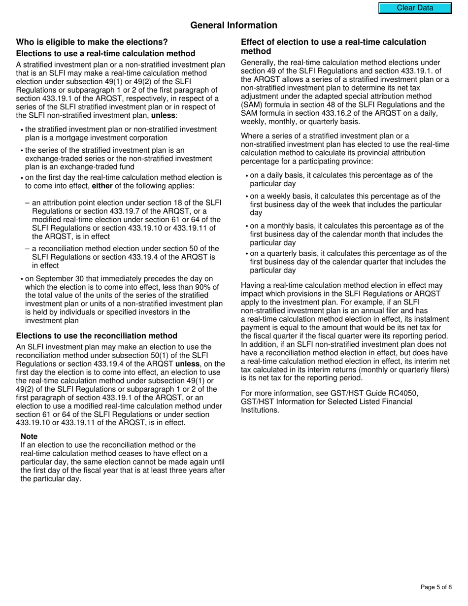 Form RC7209 Elections or Revocation of Elections to Use a Real-Time Calculation Method or the Reconciliation Method for Selected Listed Financial Institutions for Gst / Hst and Qst Purposes or Only for Qst Purposes - Canada, Page 5