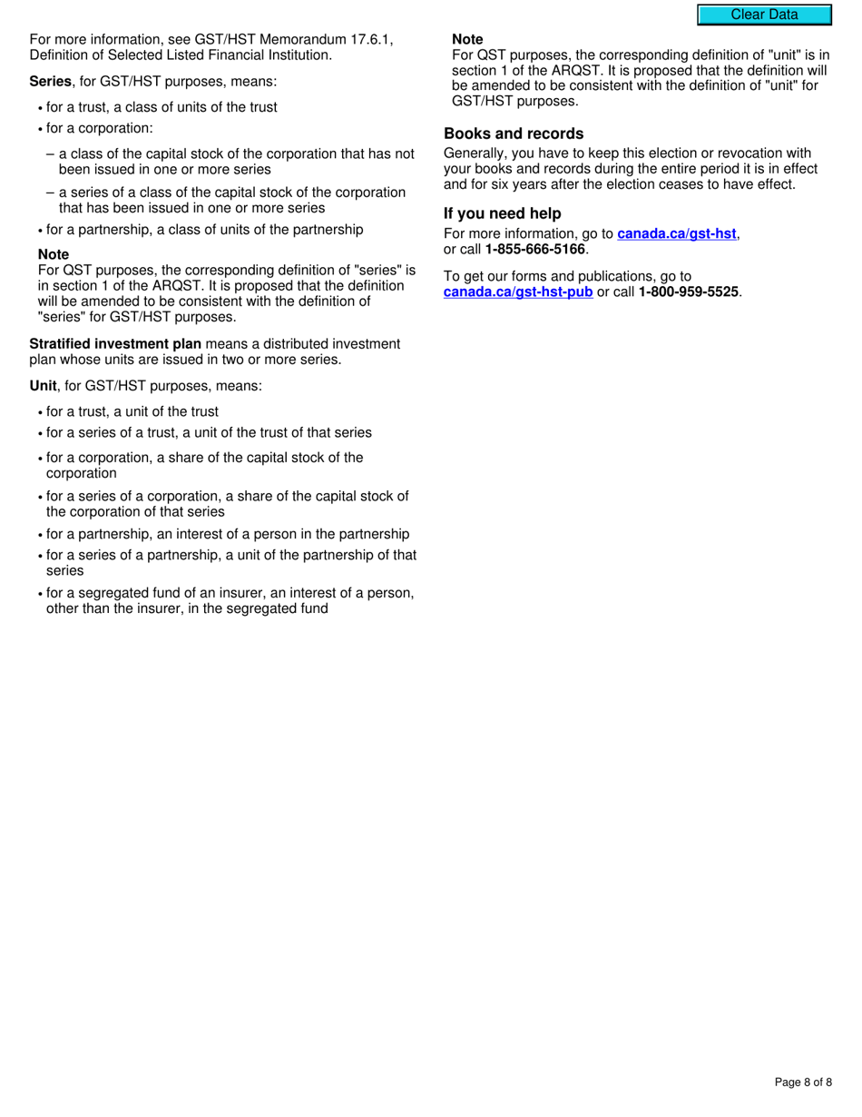 Form RC7209 Elections or Revocation of Elections to Use a Real-Time Calculation Method or the Reconciliation Method for Selected Listed Financial Institutions for Gst / Hst and Qst Purposes or Only for Qst Purposes - Canada, Page 8