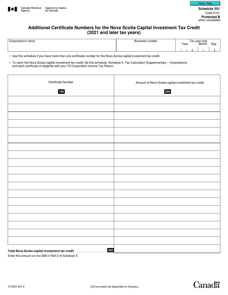 Form T2 Schedule 351 Additional Certificate Numbers for the Nova Scotia Capital Investment Tax Credit (2021 and Later Tax Years) - Canada, Page 1