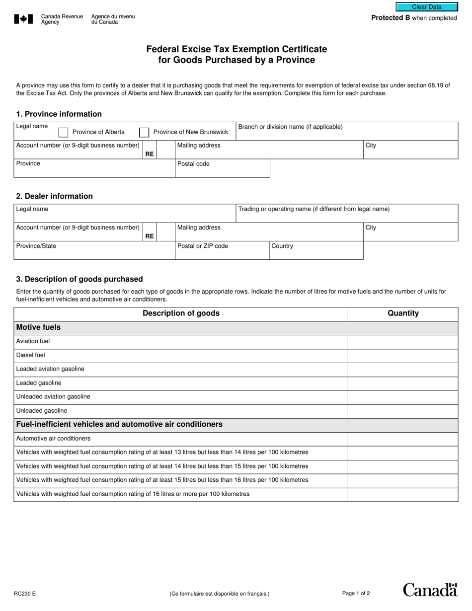 Form RC230 Fill Out Sign Online And Download Fillable PDF Canada   Form Rc230 Federal Excise Tax Exemption Certificate For Goods Purchased By A Province Canada Print Big 