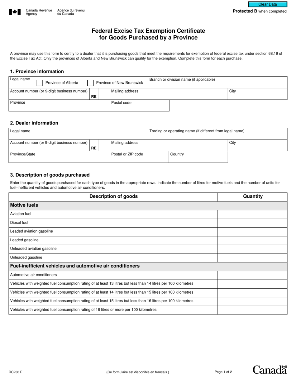 Form RC230 Federal Excise Tax Exemption Certificate for Goods Purchased by a Province - Canada, Page 1