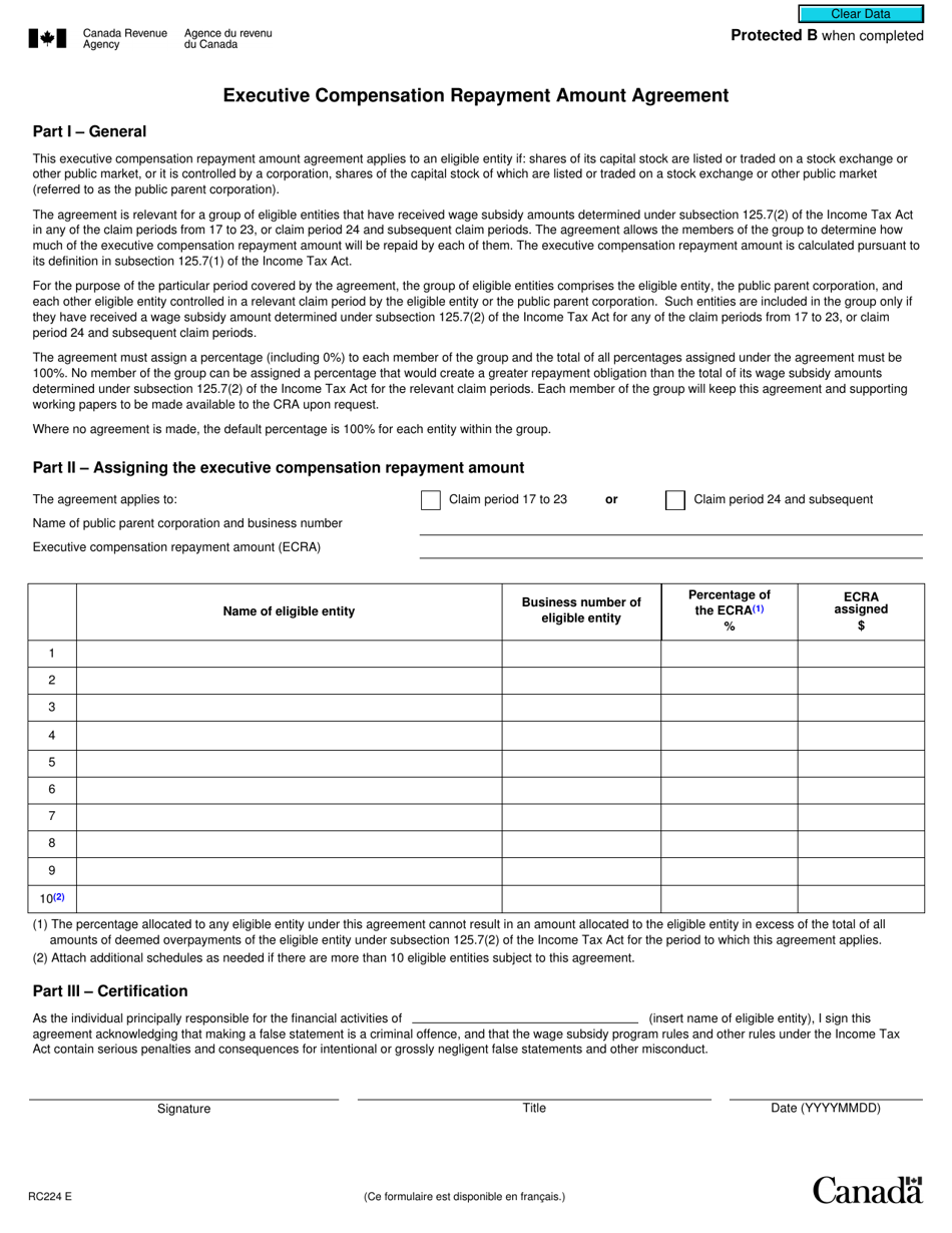 Form RC224 Fill Out Sign Online And Download Fillable PDF Canada   Form Rc224 Executive Compensation Repayment Amount Agreement Canada Print Big 