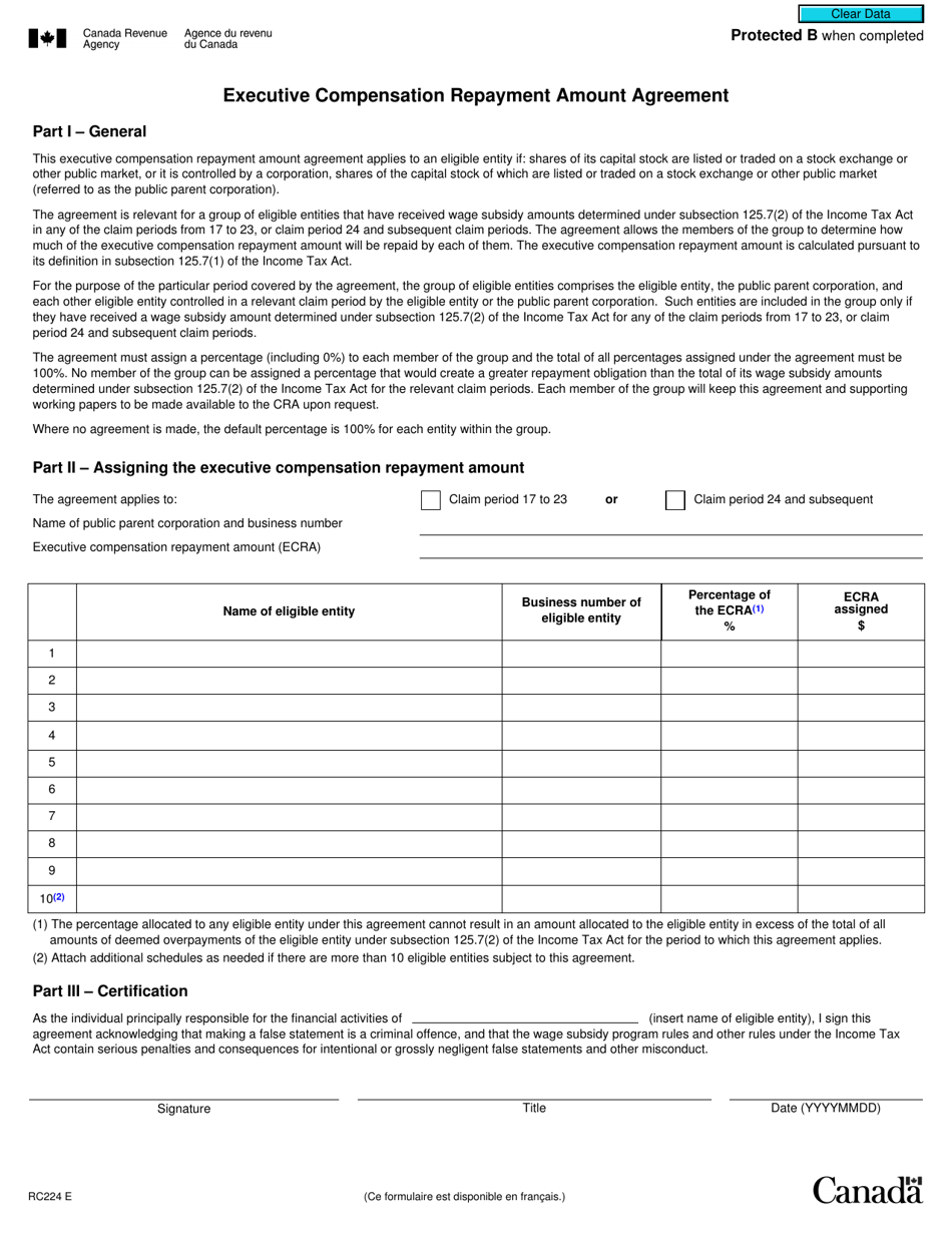 Form RC224 Executive Compensation Repayment Amount Agreement - Canada, Page 1
