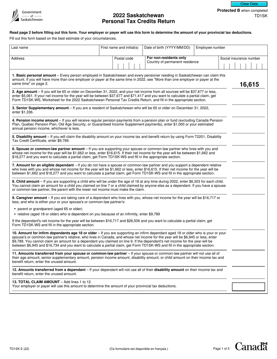Form TD1SK Saskatchewan Personal Tax Credits Return - Canada, Page 1