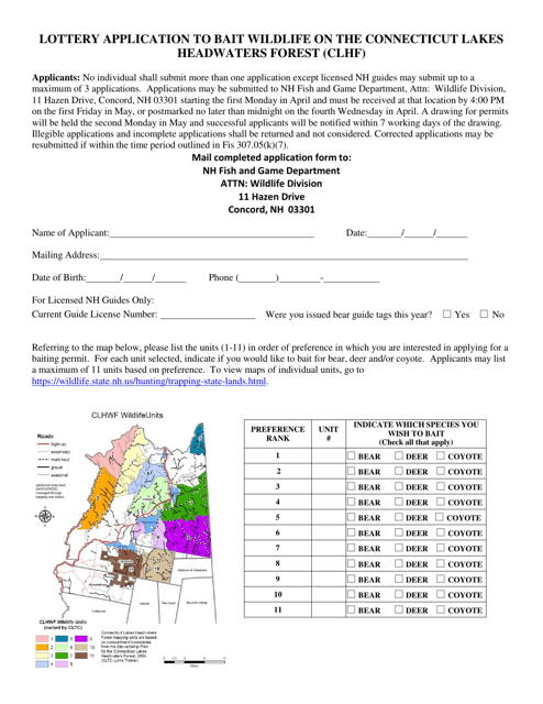 Lottery Application to Bait Wildlife on the Connecticut Lakes Headwaters Forest (Clhf) - New Hampshire Download Pdf