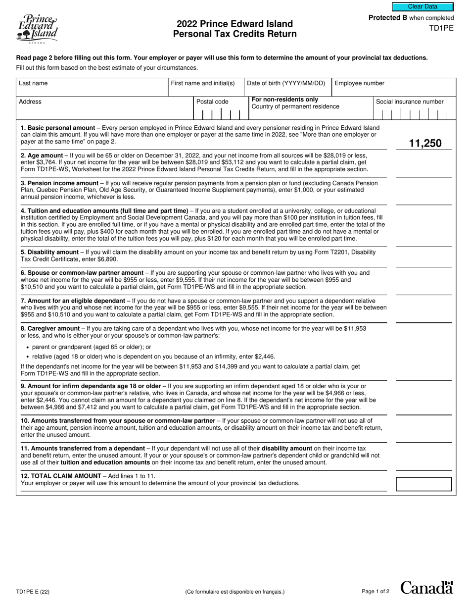 Form TD1PE Prince Edward Island Personal Tax Credits Return - Canada, Page 1