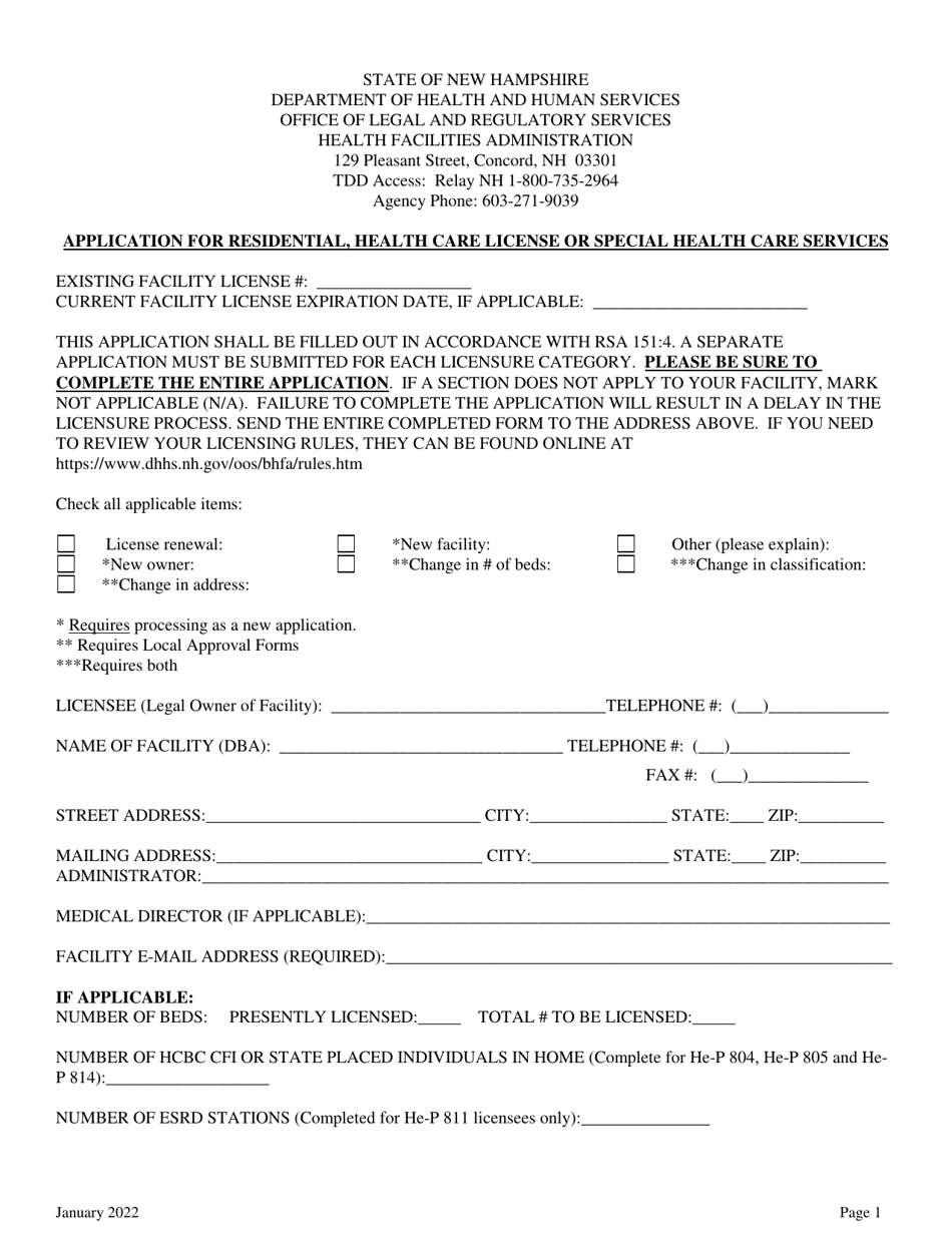 Health Facility Application (Initial or Renewal) - New Hampshire, Page 1