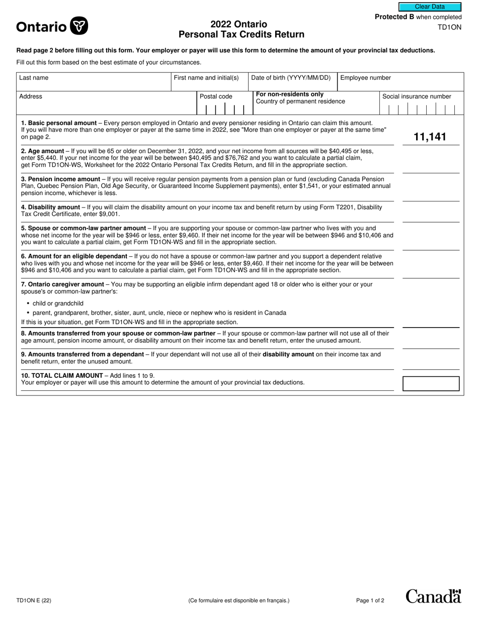 Form TD1ON Ontario Personal Tax Credits Return - Canada, Page 1