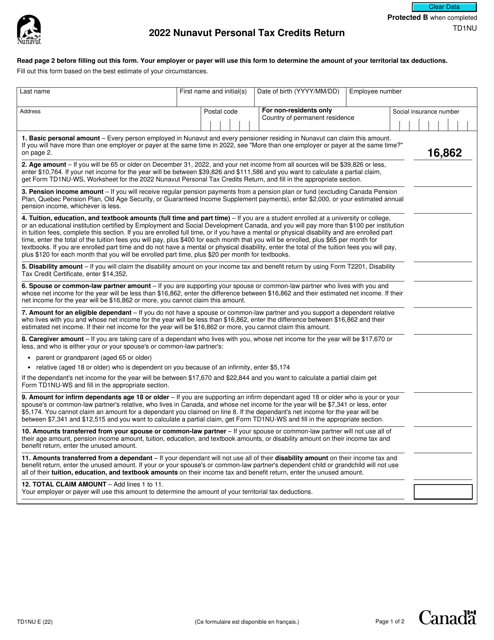 Form TD1NU 2022 Printable Pdf