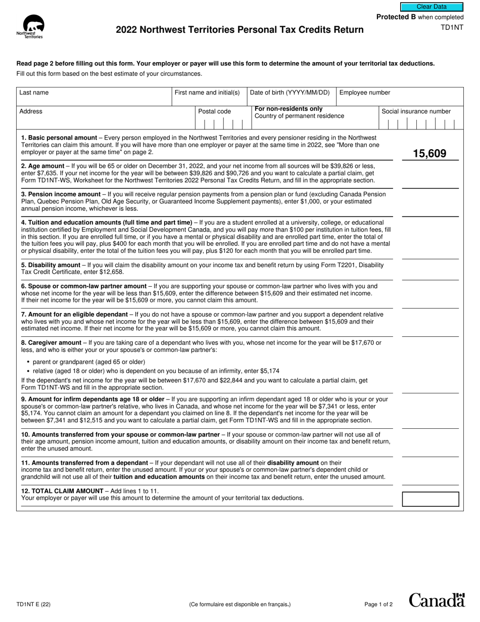 Form TD1NT Northwest Territories Personal Tax Credits Return - Canada, Page 1