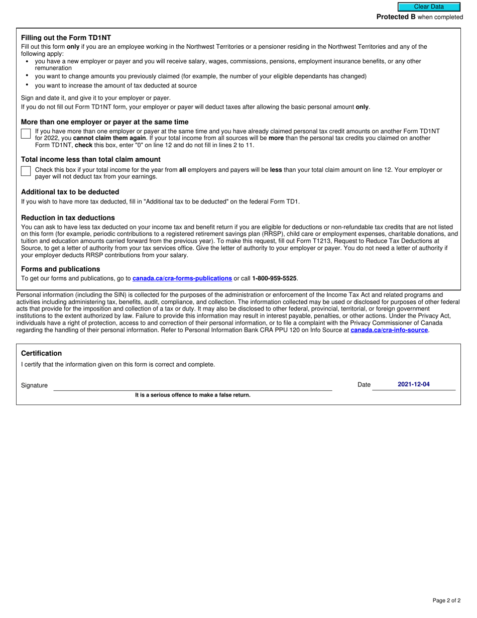 Form TD1NT Northwest Territories Personal Tax Credits Return - Canada, Page 2