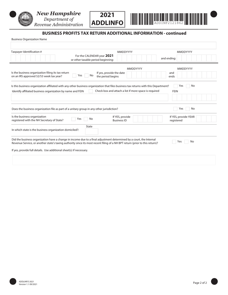 Form ADDLINFO Business Profits Tax Return Additional Information - New Hampshire, Page 2