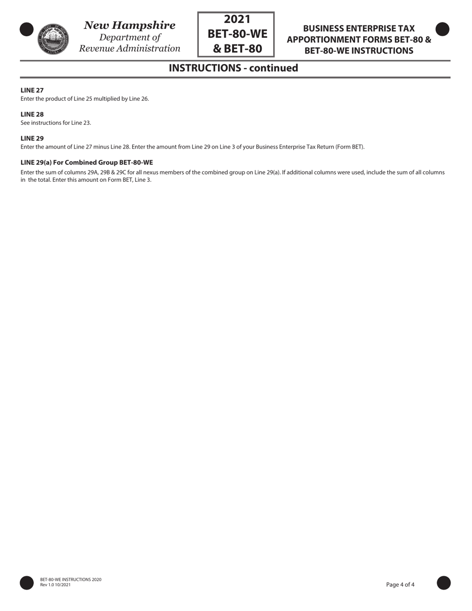 Instructions for Form BET-80-WE, BET-80 - New Hampshire, Page 4