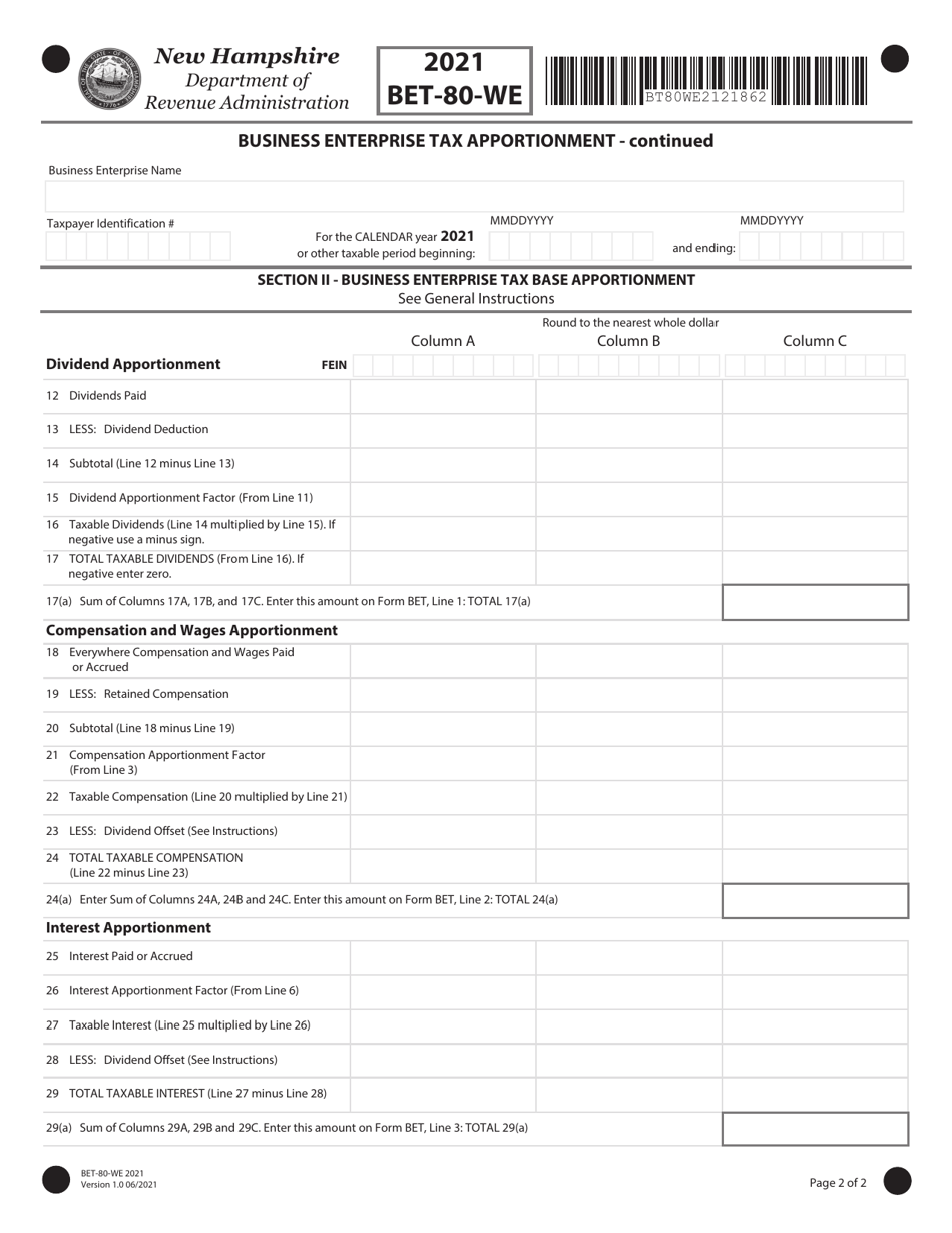 Form BET-80-WE Business Enterprise Tax Apportionment for Individual Nexus Members of a Combined Group - New Hampshire, Page 2