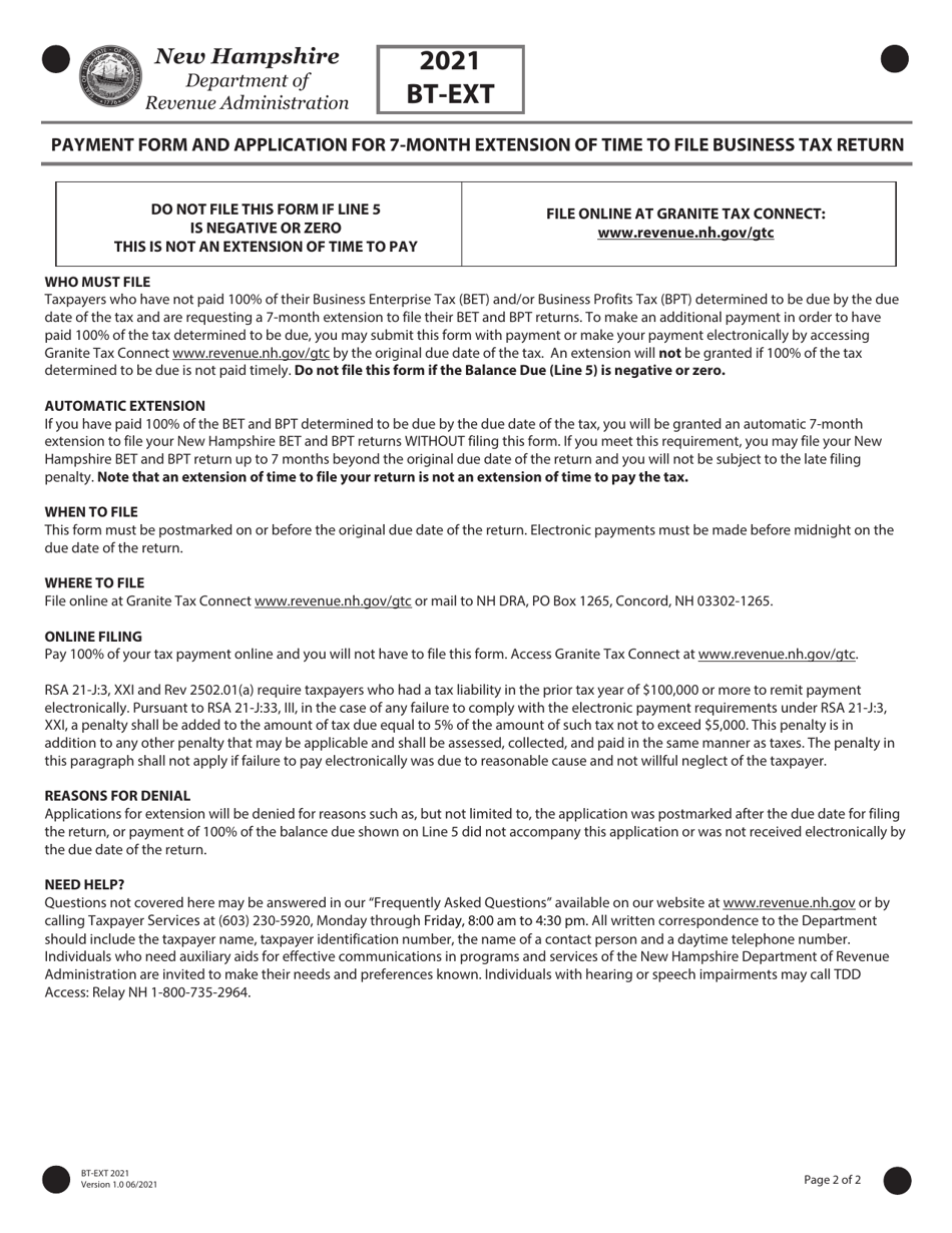 Form BT-EXT Payment Form and Application for 7-month Extension of Time to File Business Tax Return - New Hampshire, Page 2