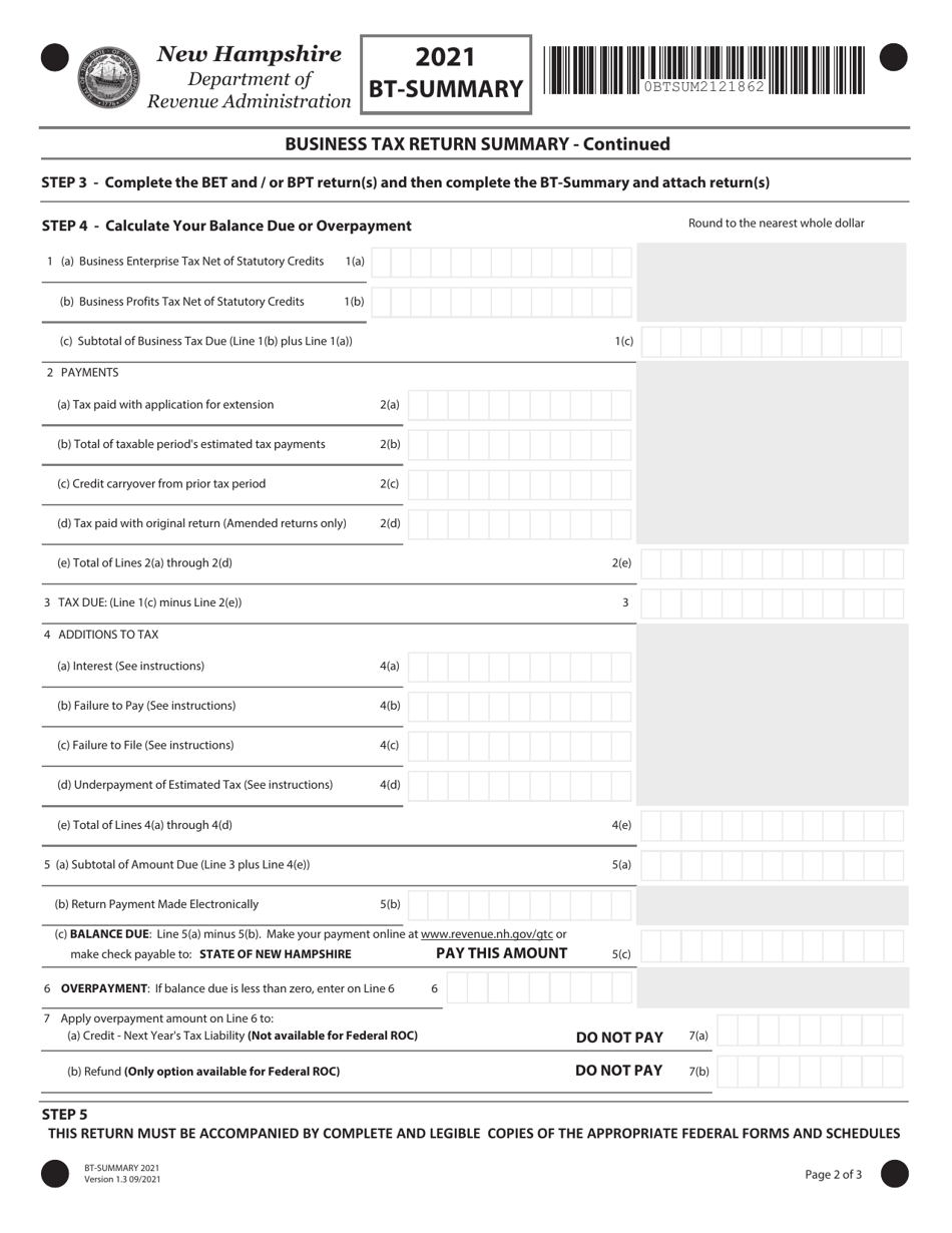 Form BT-SUMMARY Business Tax Return Summary - New Hampshire, Page 2