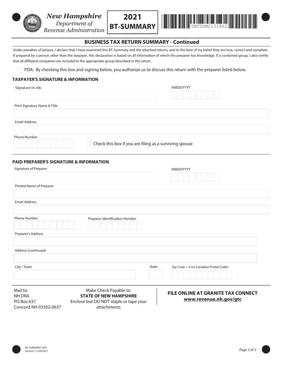 Form BT-SUMMARY Business Tax Return Summary - New Hampshire, Page 3