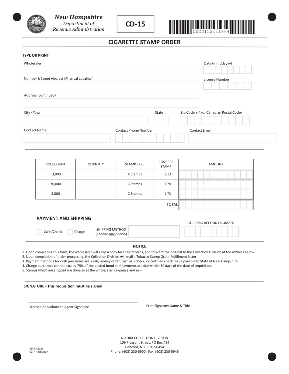 Form CD-15 Cigarette Stamp Order - New Hampshire, Page 1