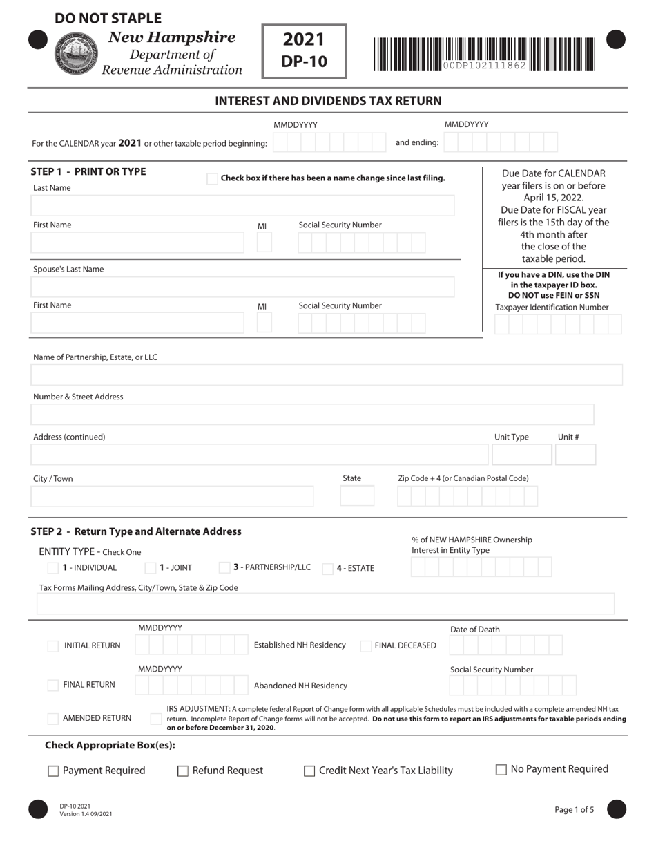 Form DP-10 Interest and Dividends Tax Return - New Hampshire, Page 1
