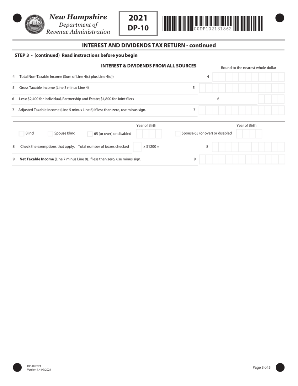 Form DP-10 Interest and Dividends Tax Return - New Hampshire, Page 3