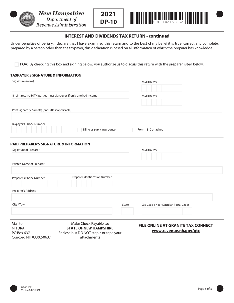 Form DP-10 Interest and Dividends Tax Return - New Hampshire, Page 5