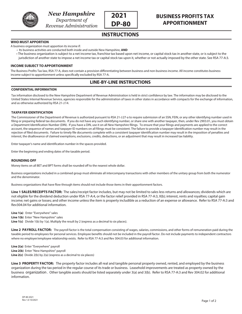 Instructions for Form DP-80 Business Profits Tax Return - Business Profits Tax Apportionment - New Hampshire, Page 1