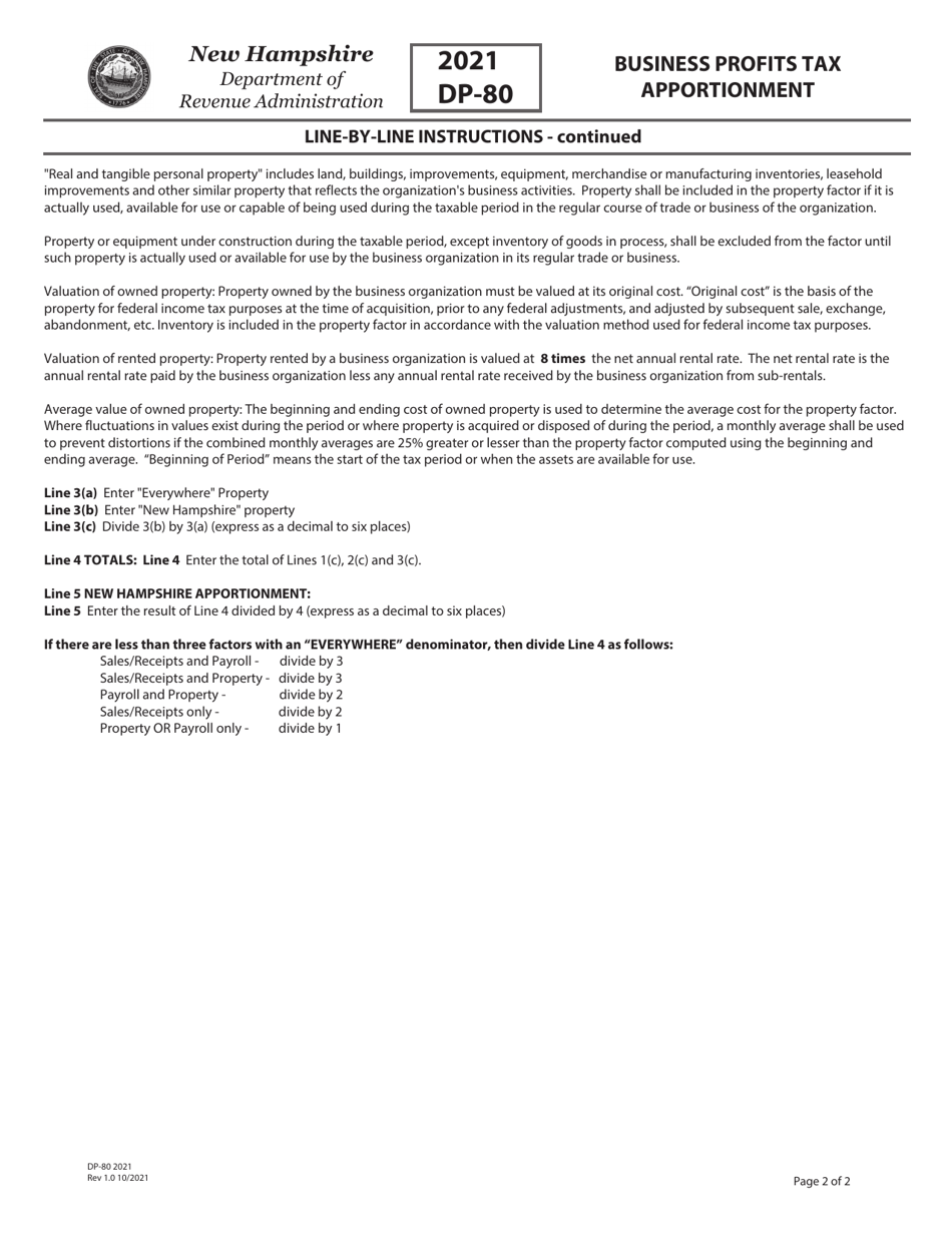 Instructions for Form DP-80 Business Profits Tax Return - Business Profits Tax Apportionment - New Hampshire, Page 2
