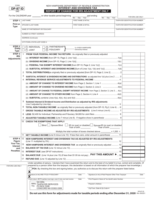 Form DP-87 ID Report of Change (Roc) Interest and Dividends - New Hampshire