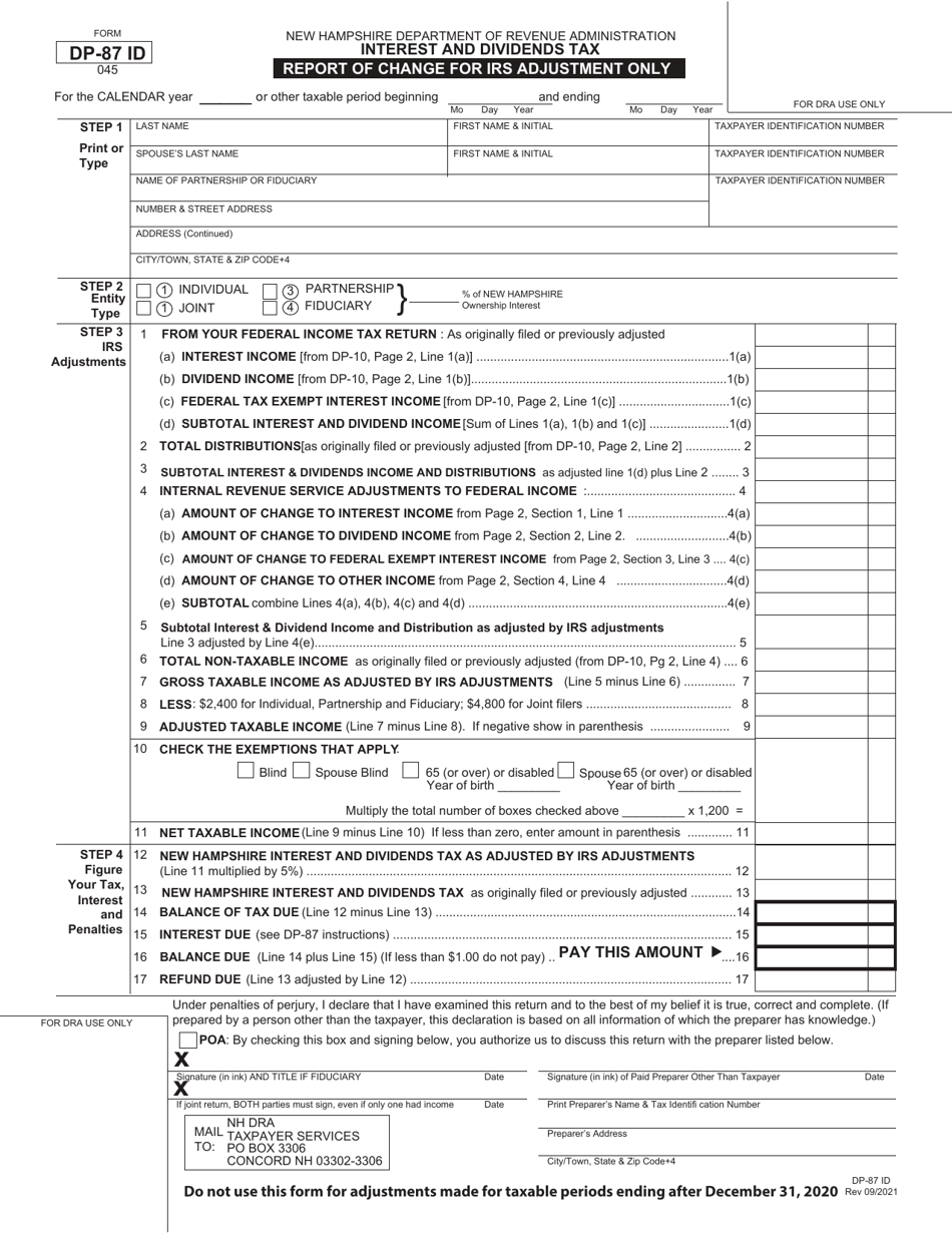 Form DP-87 ID Report of Change (Roc) Interest and Dividends - New Hampshire, Page 1