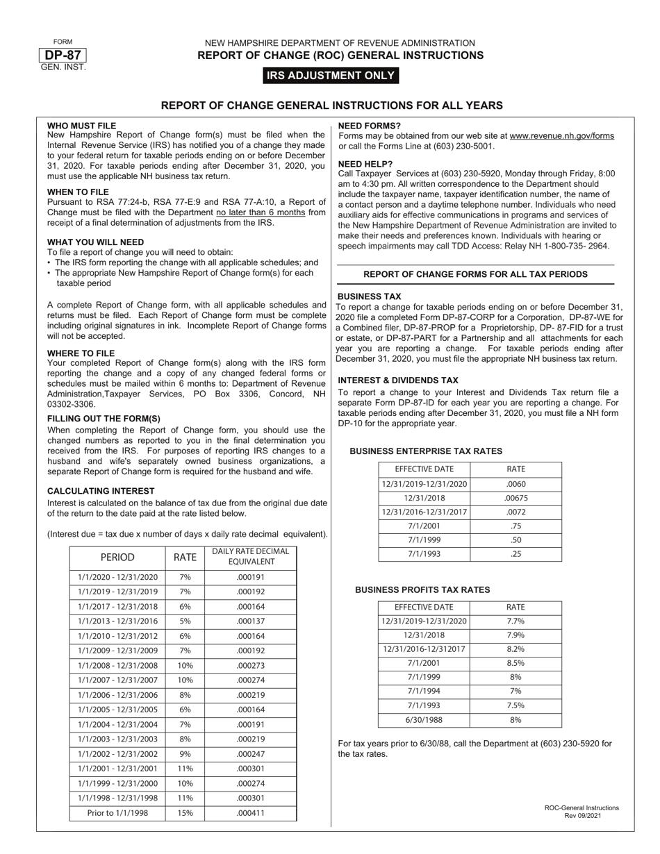 Form DP-87 Report of Change (Roc) General Instructions - New Hampshire, Page 1