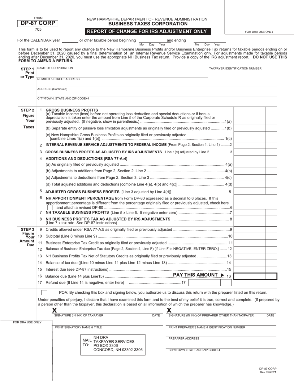 Form DP-87 CORP Report of Change (Roc) Corporation - New Hampshire, Page 1