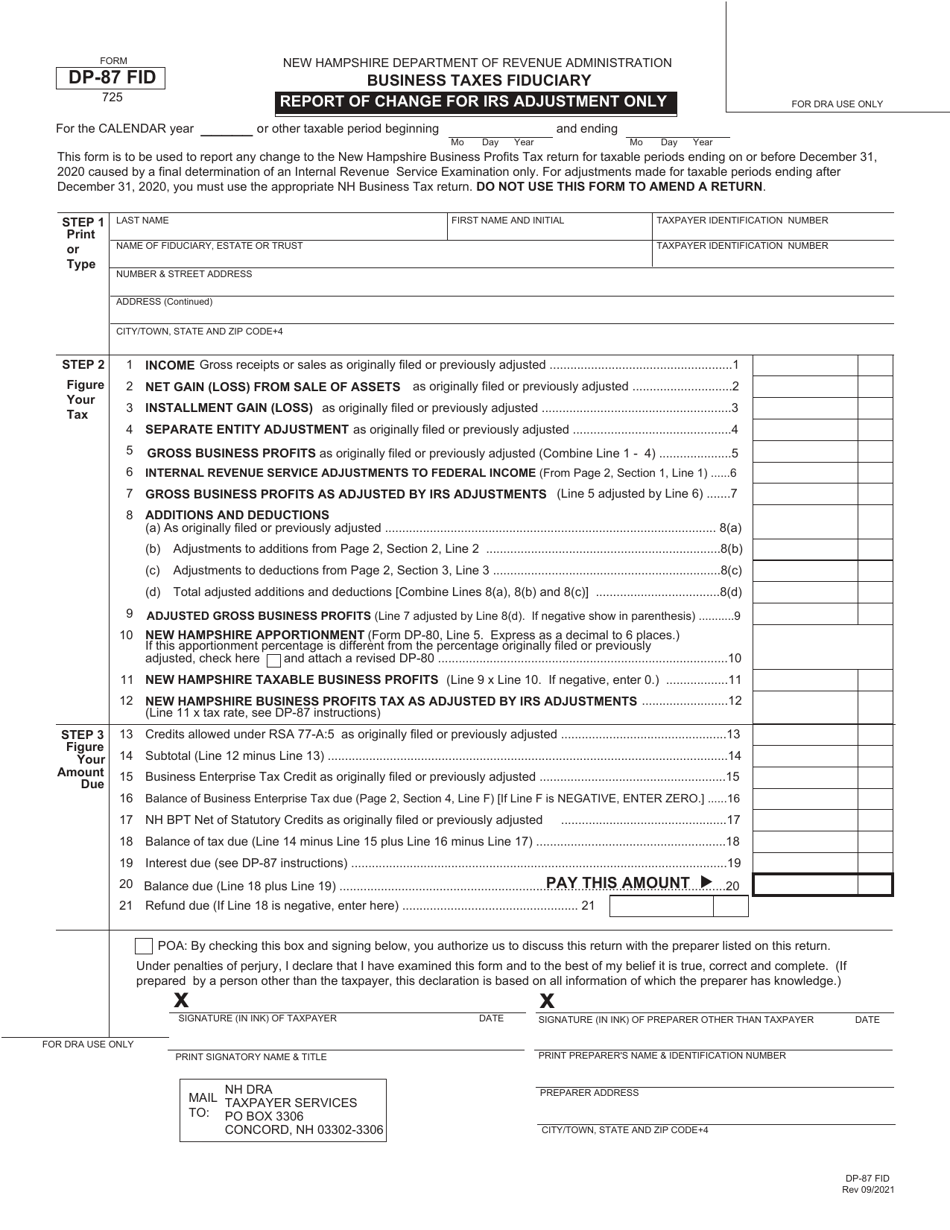 Form DP-87 FID Business Taxes Fiduciary Report of Change for IRS Adjustment Only - New Hampshire, Page 1