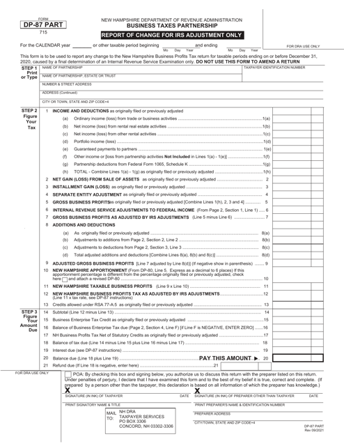 Form DP-87 PART Business Taxes Partnership Report of Change for IRS Adjustment Only - New Hampshire