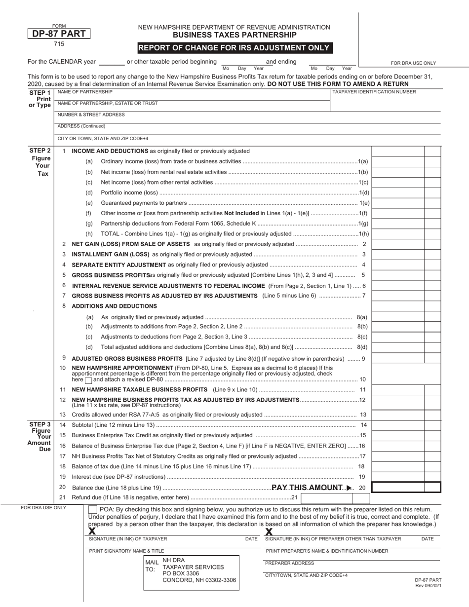 Form DP-87 PART Business Taxes Partnership Report of Change for IRS Adjustment Only - New Hampshire, Page 1
