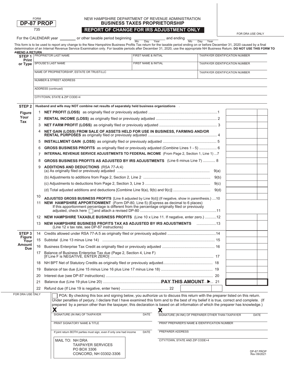 Form DP-87 PROP Business Taxes Proprietorship Report of Change for IRS Adjustment Only - New Hampshire, Page 1