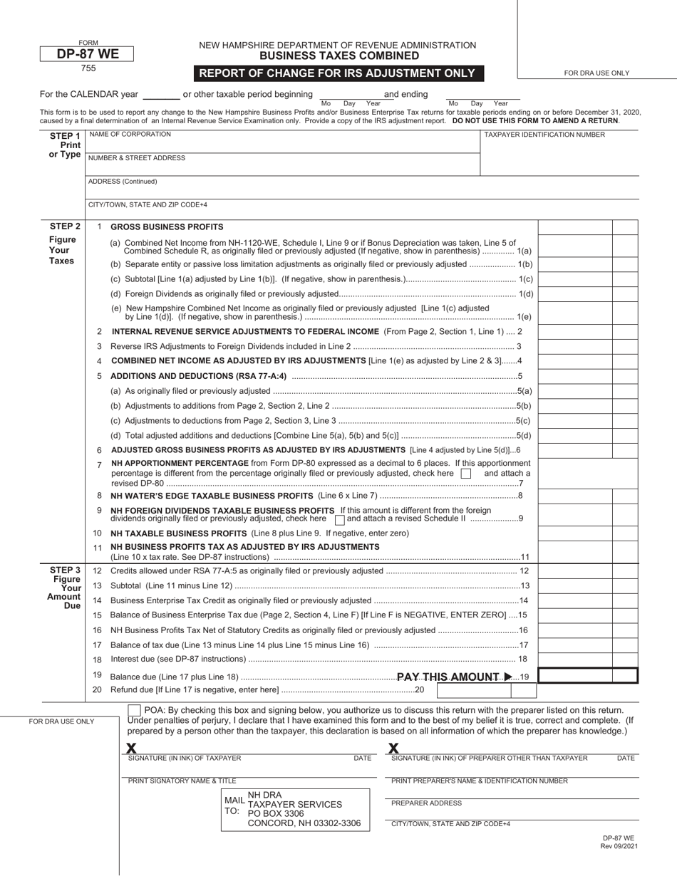 Form DP-87 WE Business Taxes Combined Report of Change for IRS Adjustment Only - New Hampshire, Page 1