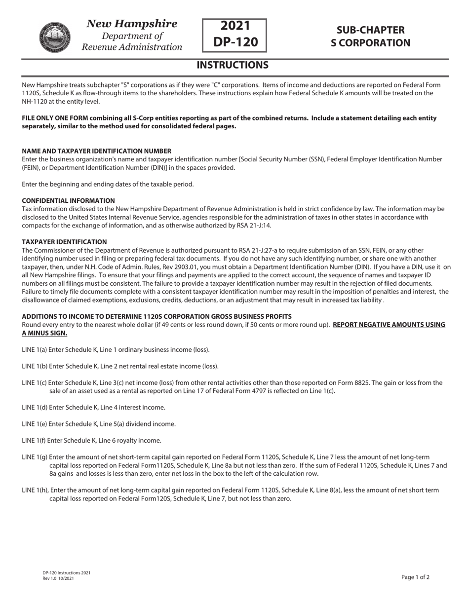 Instructions for Form DP-120 Computation of S Corporation Gross Business Profit - New Hampshire, Page 1