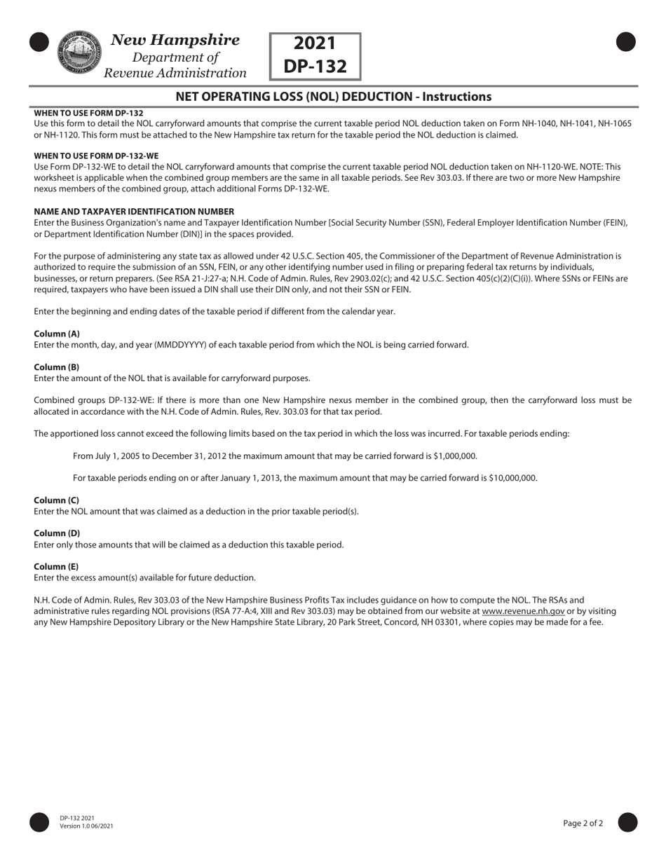 Form DP-132 Net Operating Loss (Nol) Deduction - New Hampshire, Page 2