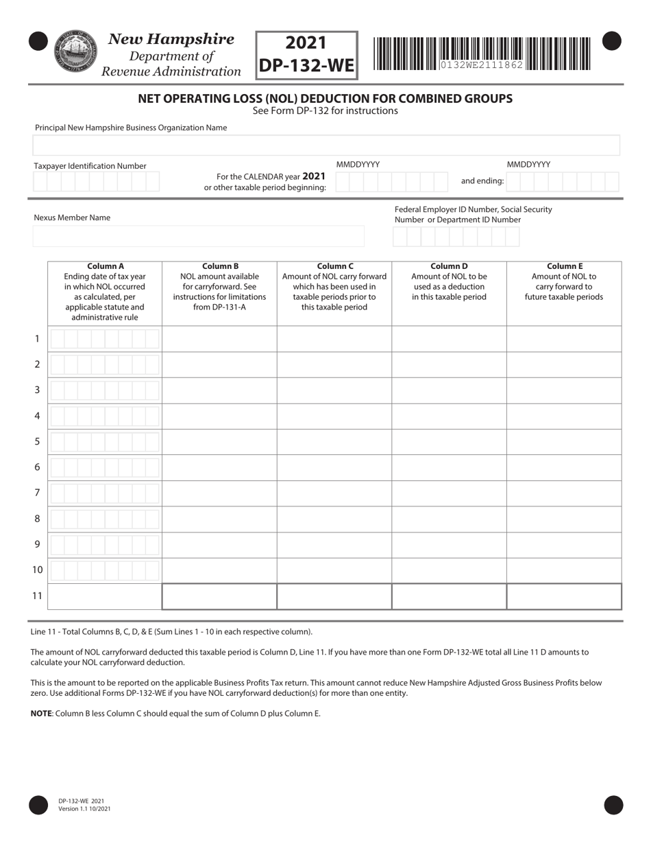 Form DP-132-WE Net Operating Loss (Nol) Deduction for Combined Groups - New Hampshire, Page 1