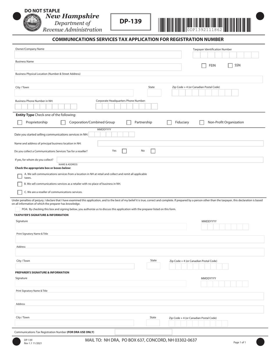 Form DP-139 Communications Services Tax Application for Registration Number - New Hampshire, Page 1