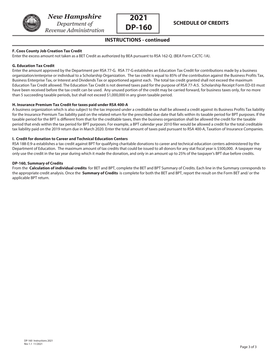 Instructions for Form DP-160 Schedule of Credits - New Hampshire, Page 3