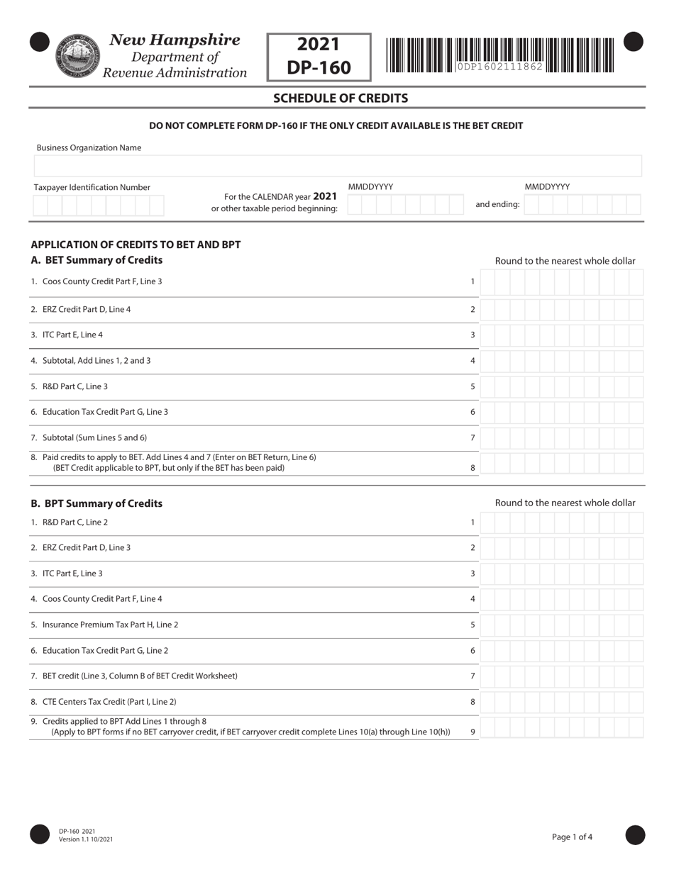Form DP-160 Schedule of Credits - New Hampshire, Page 1