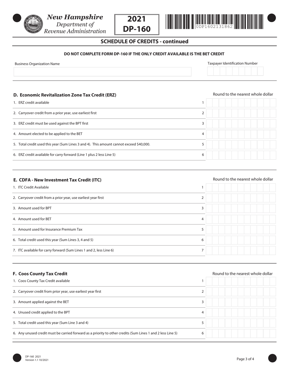 Form DP-160 Schedule of Credits - New Hampshire, Page 3